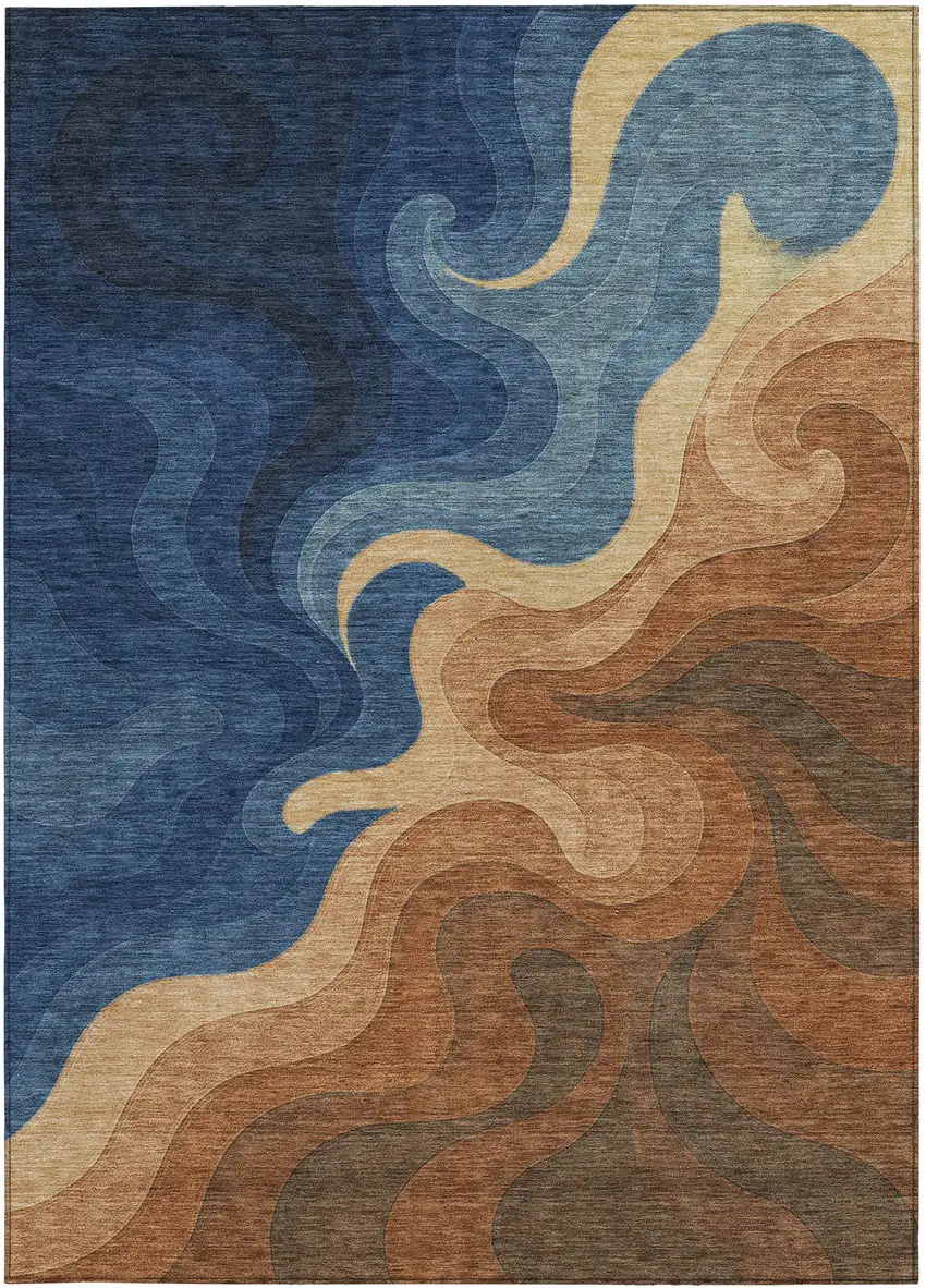 Orange And Navy Blue Abstract Washable Indoor Outdoor Area Rug Photo 3