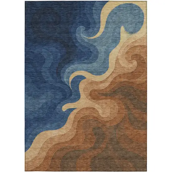 Orange And Navy Blue Abstract Washable Indoor Outdoor Area Rug Photo 3