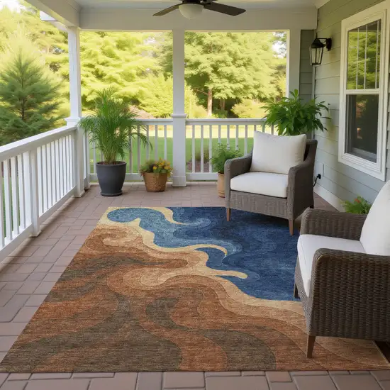 Orange And Navy Blue Abstract Washable Indoor Outdoor Area Rug Photo 4