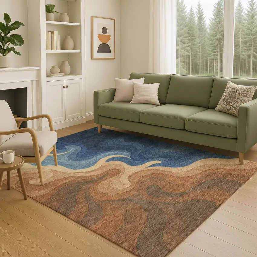 Orange And Navy Blue Abstract Washable Indoor Outdoor Area Rug Photo 5