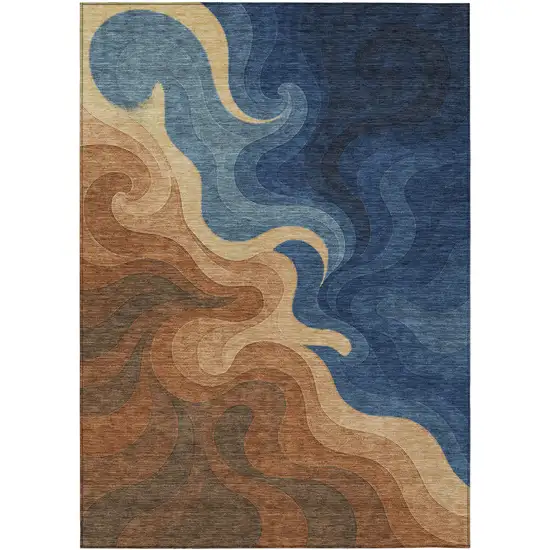 Orange And Navy Blue Abstract Washable Indoor Outdoor Area Rug Photo 1