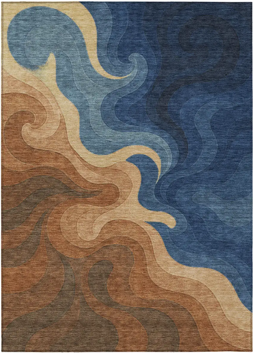 Orange And Navy Blue Abstract Washable Indoor Outdoor Area Rug Photo 1