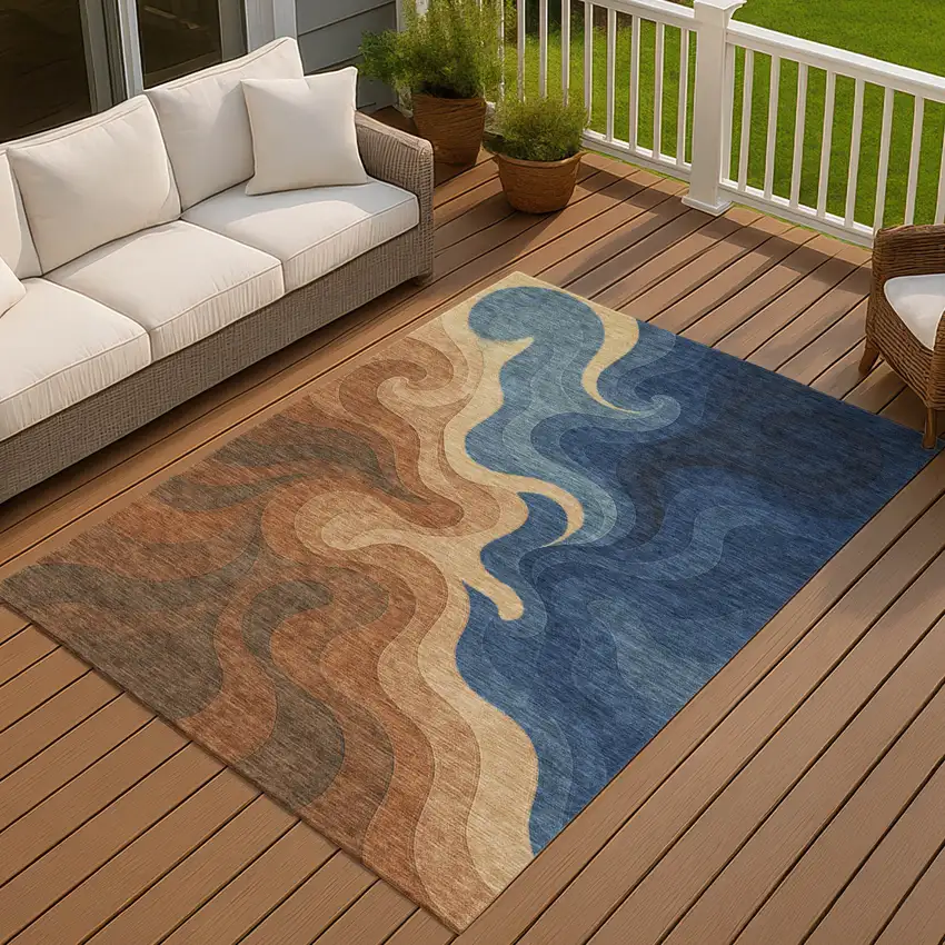 Orange And Navy Blue Abstract Washable Indoor Outdoor Area Rug Photo 7