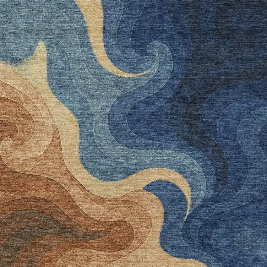 Orange And Navy Blue Abstract Washable Indoor Outdoor Area Rug Photo 2