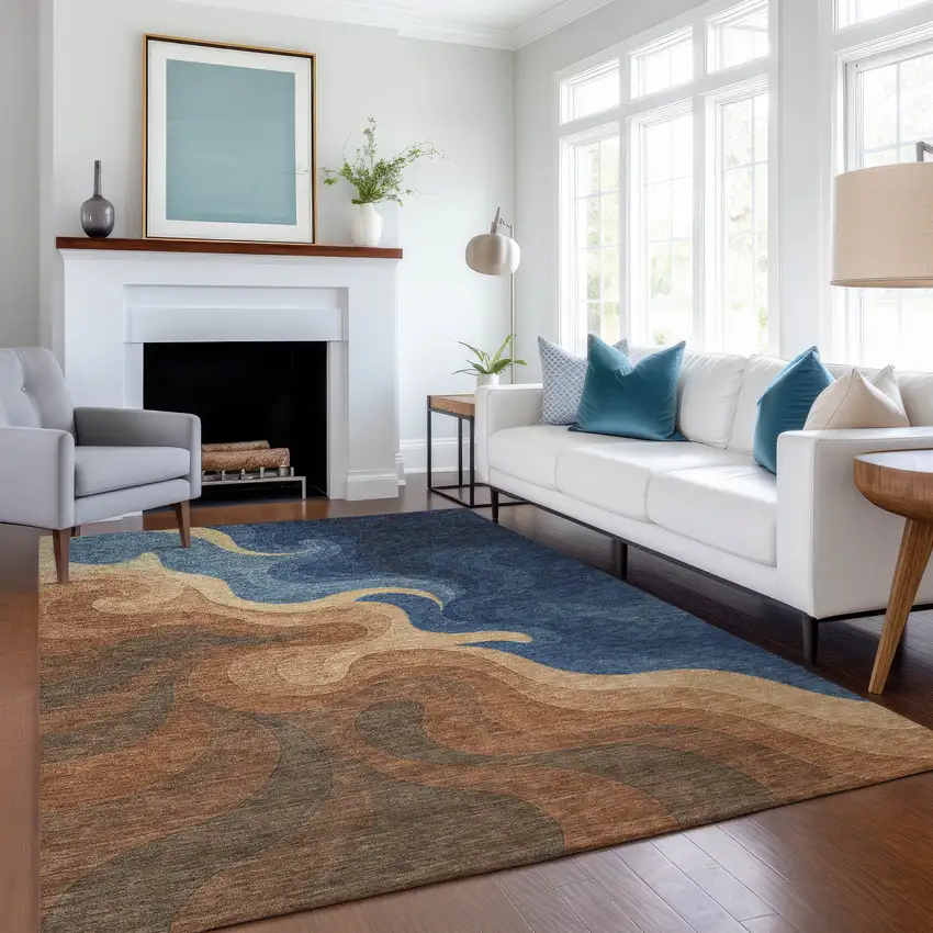 Orange And Navy Blue Abstract Washable Indoor Outdoor Area Rug Photo 6