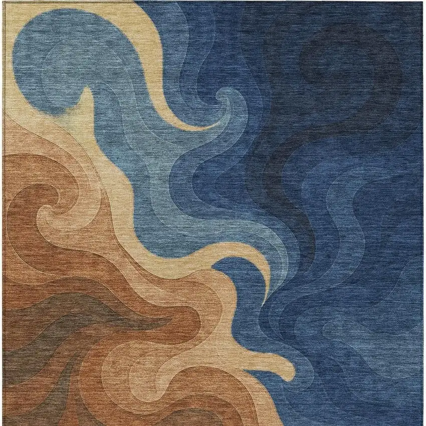 Orange And Navy Blue Abstract Washable Indoor Outdoor Area Rug Photo 3