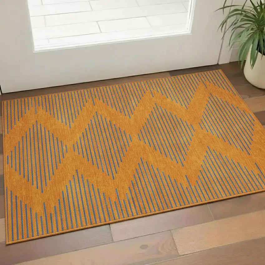 Orange And Navy Blue Geometric Washable Area Rug With UV Protection Photo 2