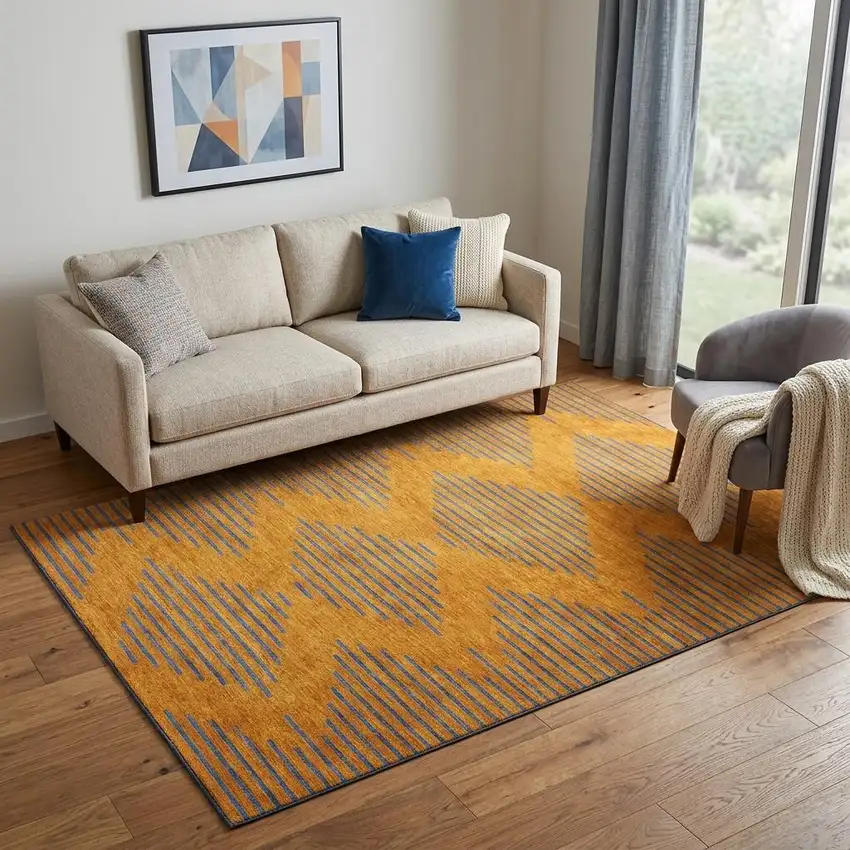 Orange And Navy Blue Geometric Washable Area Rug With UV Protection Photo 1