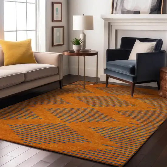 Orange And Navy Blue Geometric Washable Area Rug With UV Protection Photo 4