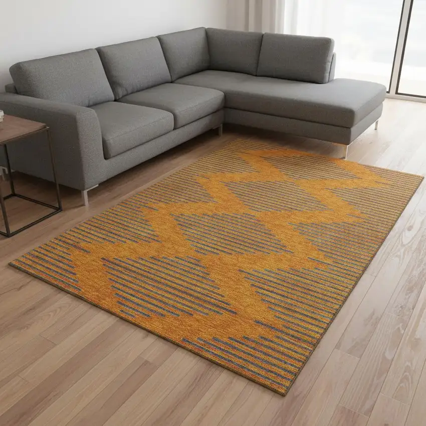 Orange And Navy Blue Geometric Washable Area Rug With UV Protection Photo 2