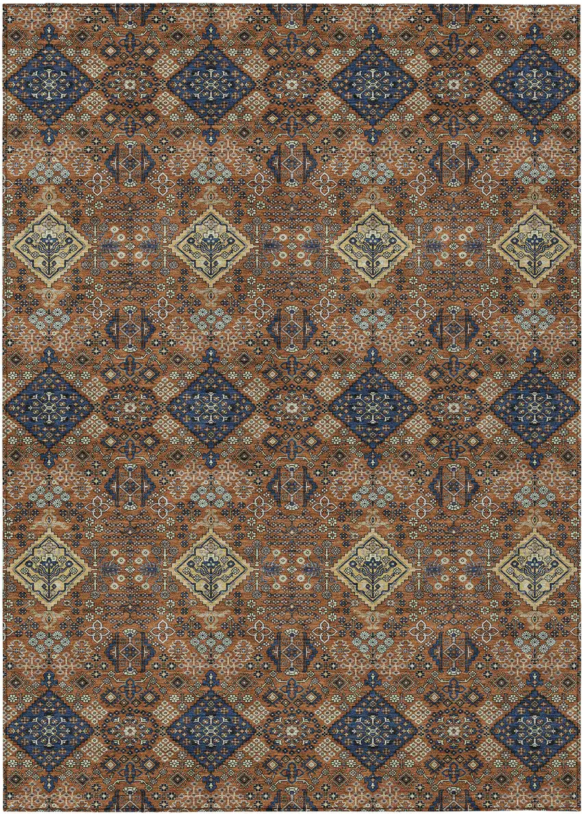 Orange And Navy Blue Geometric Washable Indoor Outdoor Area Rug Photo 1