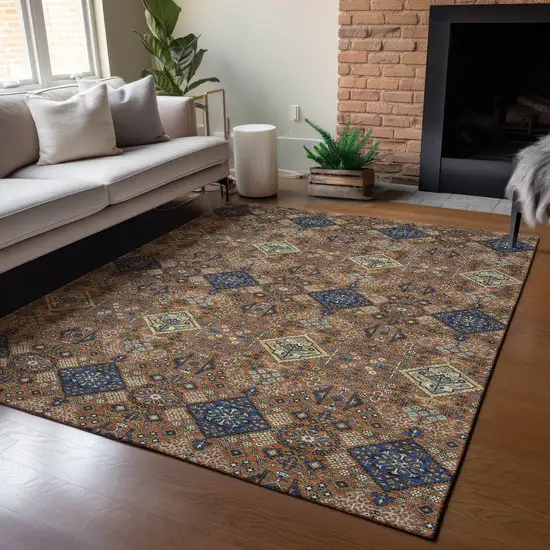 Orange And Navy Blue Geometric Washable Indoor Outdoor Area Rug Photo 5