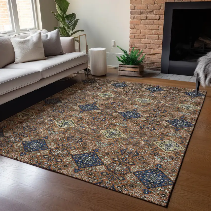 Orange And Navy Blue Geometric Washable Indoor Outdoor Area Rug Photo 5