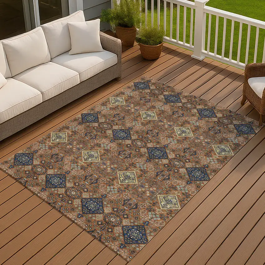 Orange And Navy Blue Geometric Washable Indoor Outdoor Area Rug Photo 7