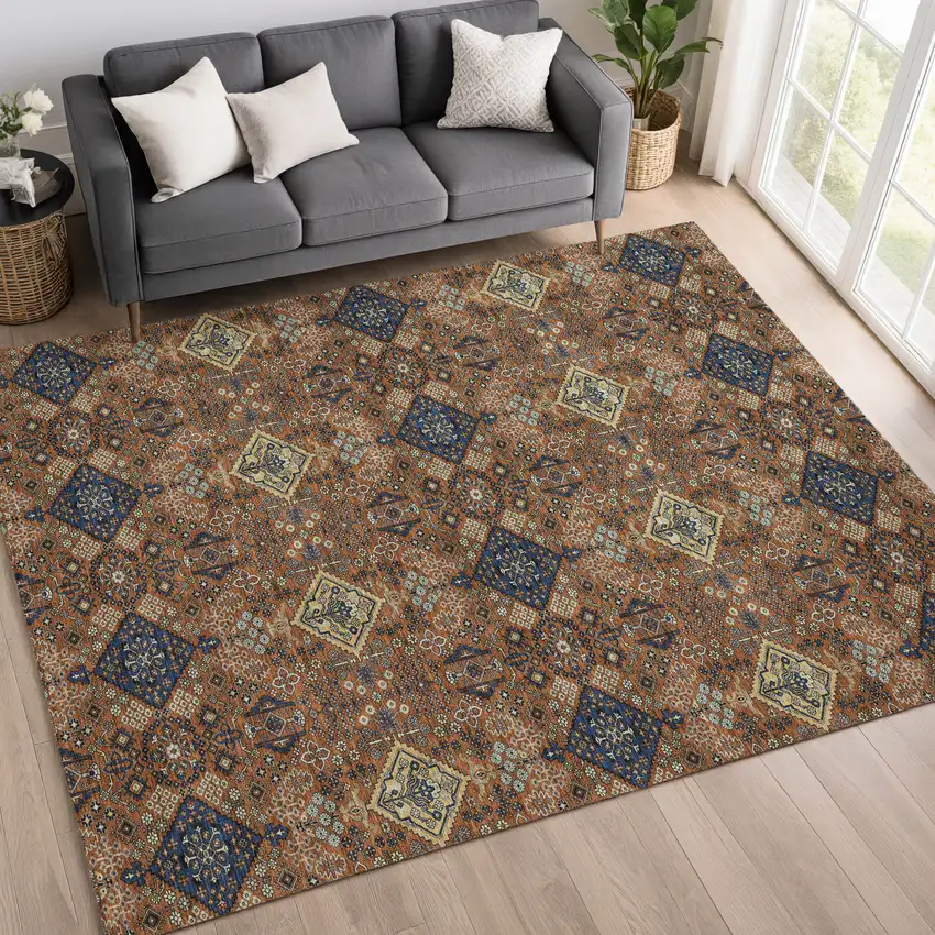 Orange And Navy Blue Geometric Washable Indoor Outdoor Area Rug Photo 6