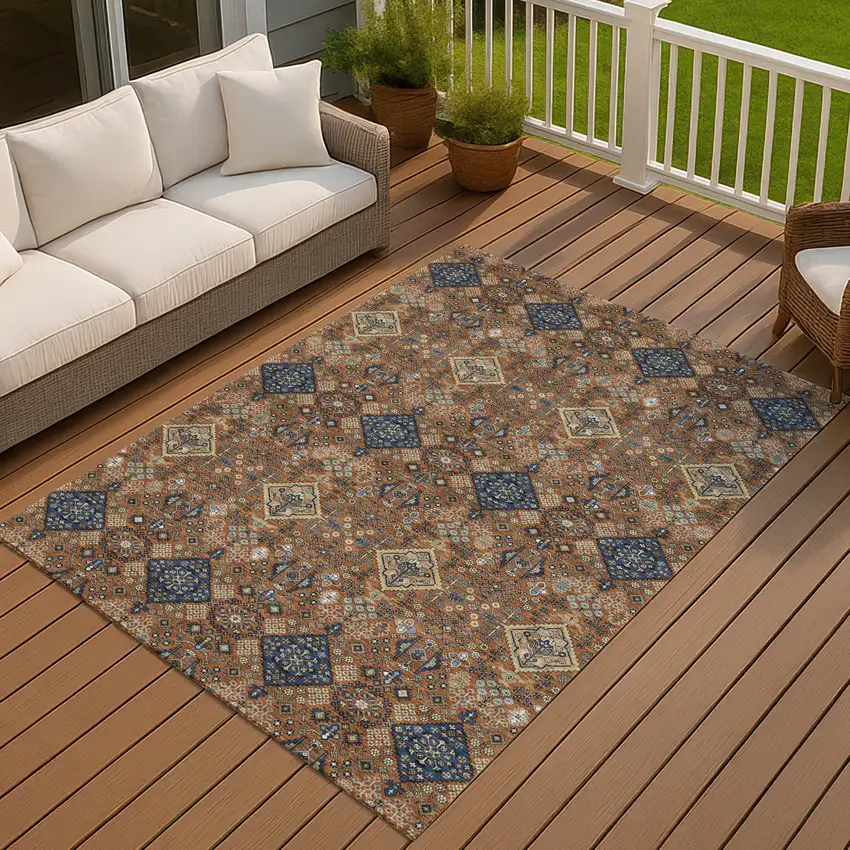 Orange And Navy Blue Geometric Washable Indoor Outdoor Area Rug Photo 7