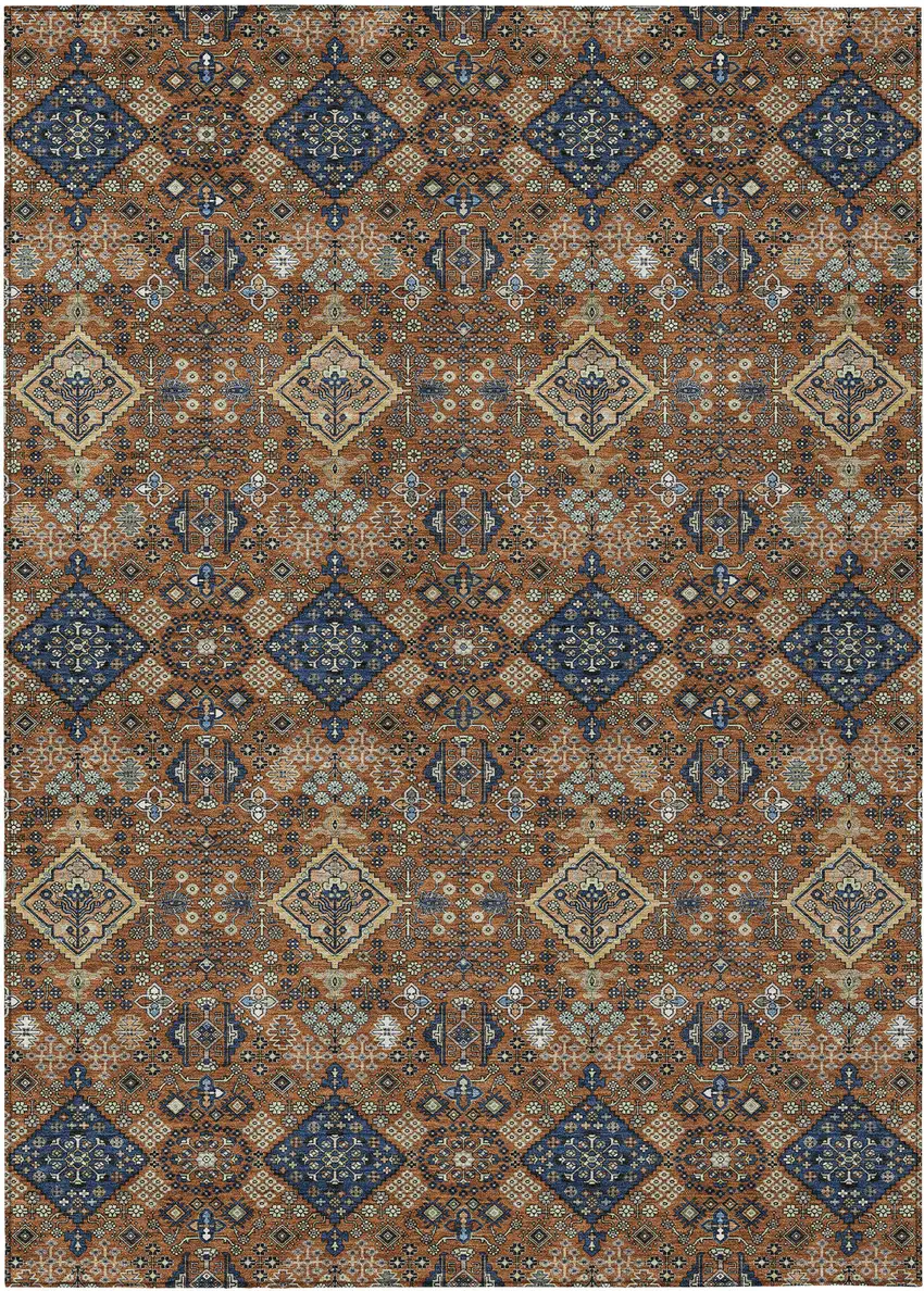 Orange And Navy Blue Geometric Washable Indoor Outdoor Area Rug Photo 1