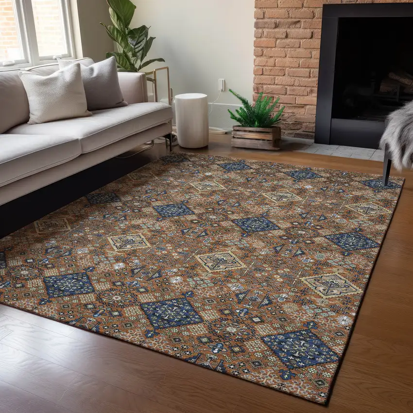 Orange And Navy Blue Geometric Washable Indoor Outdoor Area Rug Photo 5