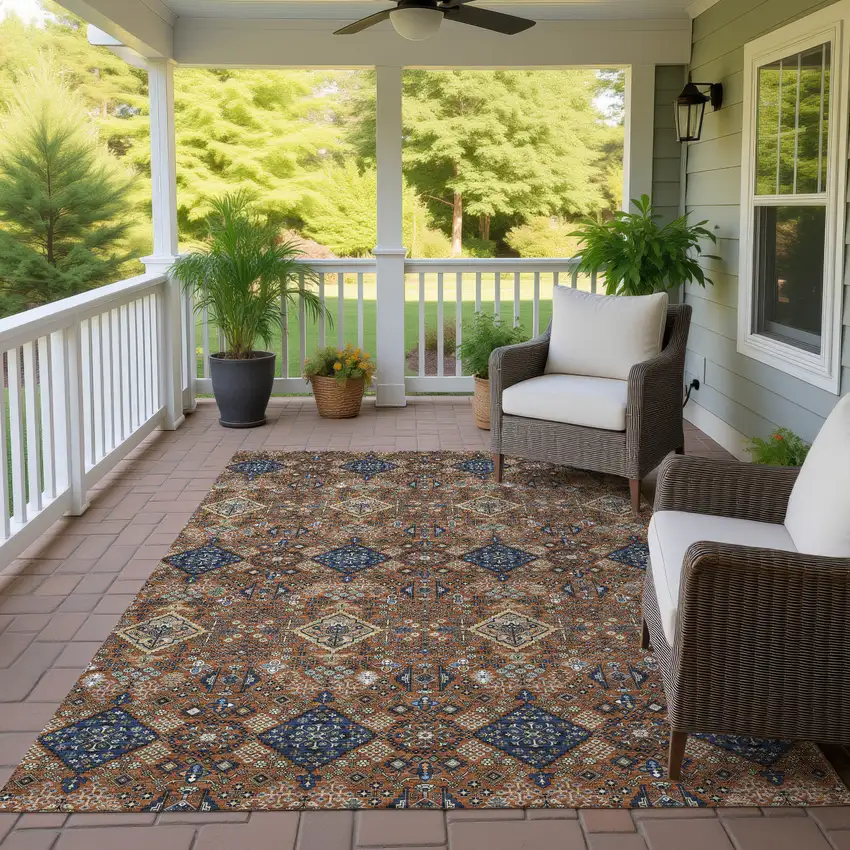 Orange And Navy Blue Geometric Washable Indoor Outdoor Area Rug Photo 4