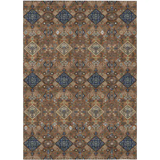 Orange And Navy Blue Geometric Washable Indoor Outdoor Area Rug Photo 1