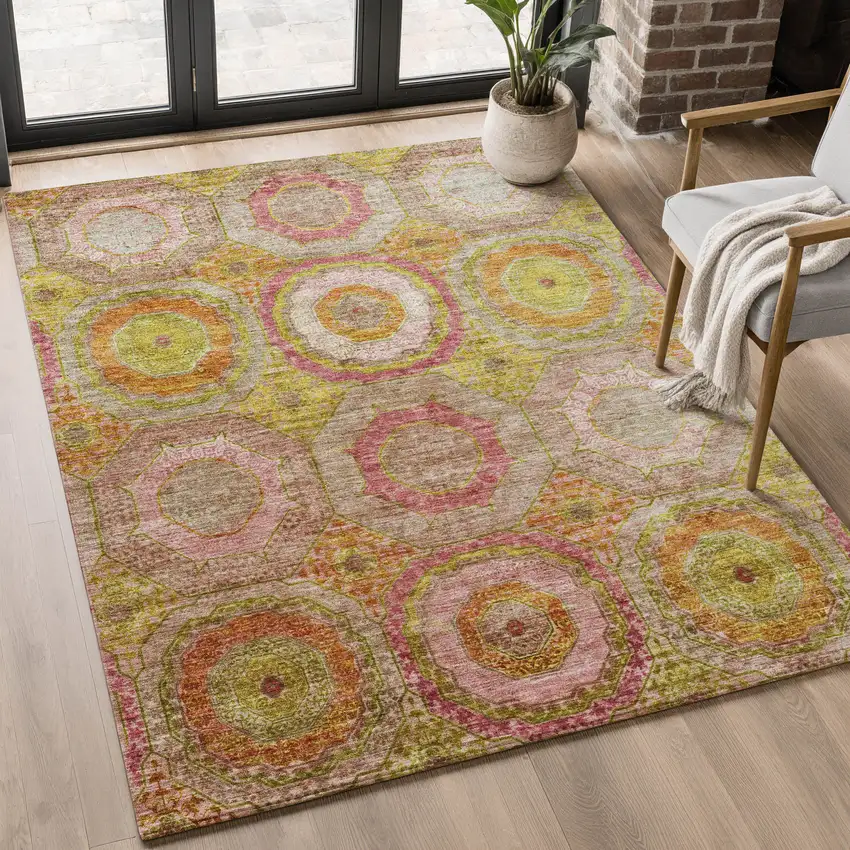 Orange And Pink Geometric Washable Area Rug With UV Protection Photo 5