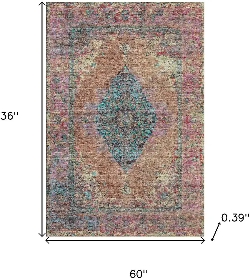Orange And Pink Medallion Washable Area Rug With UV Protection Photo 8