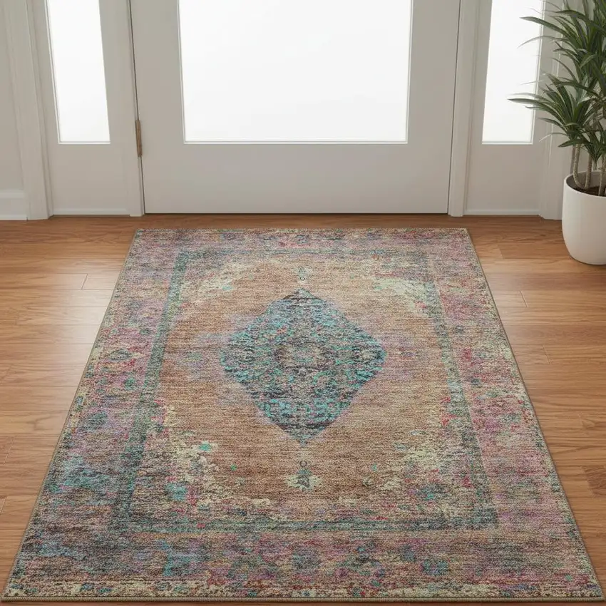 Orange And Pink Medallion Washable Area Rug With UV Protection Photo 2