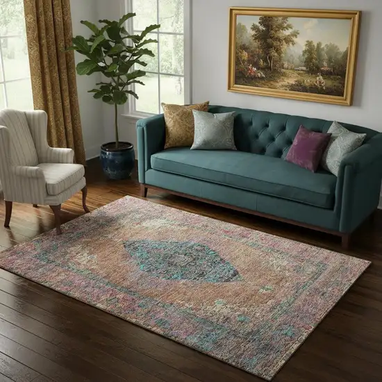 Orange And Pink Medallion Washable Area Rug With UV Protection Photo 2