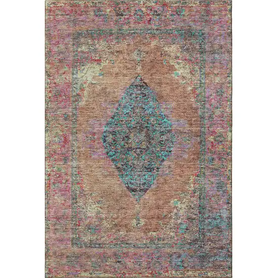 Orange And Pink Medallion Washable Area Rug With UV Protection Photo 3
