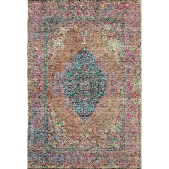 Orange And Pink Medallion Washable Area Rug With UV Protection Photo 1