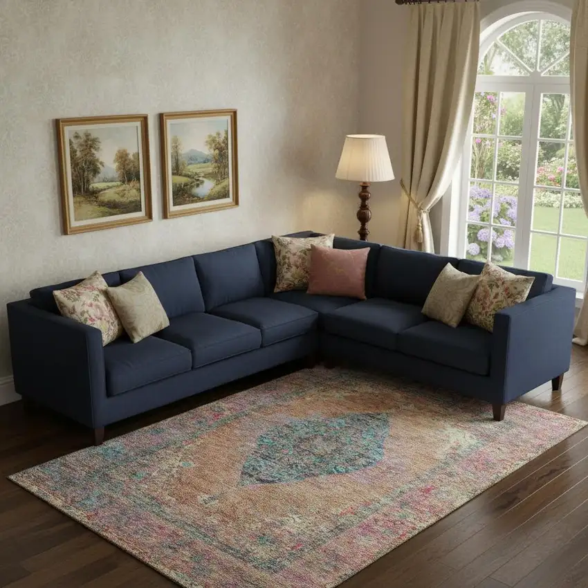 Orange And Pink Medallion Washable Area Rug With UV Protection Photo 2