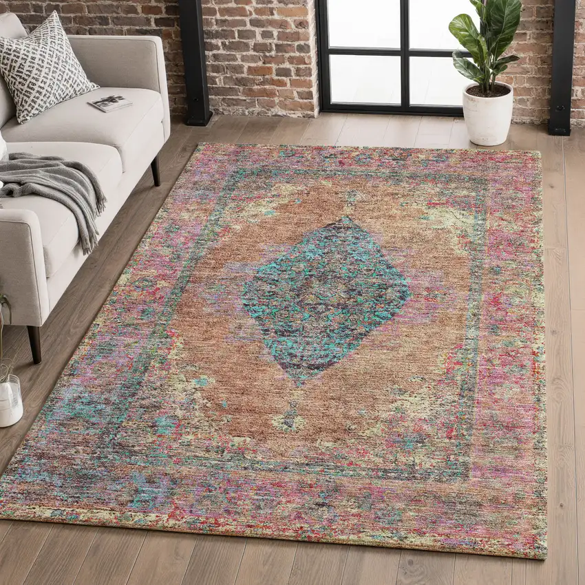 Orange And Pink Medallion Washable Area Rug With UV Protection Photo 3