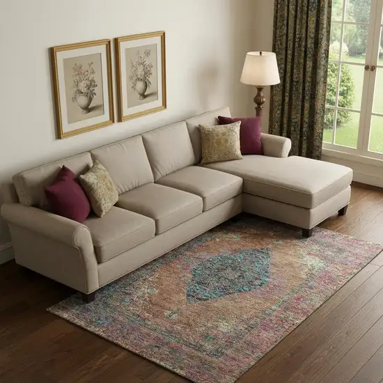 Orange And Pink Medallion Washable Area Rug With UV Protection Photo 2