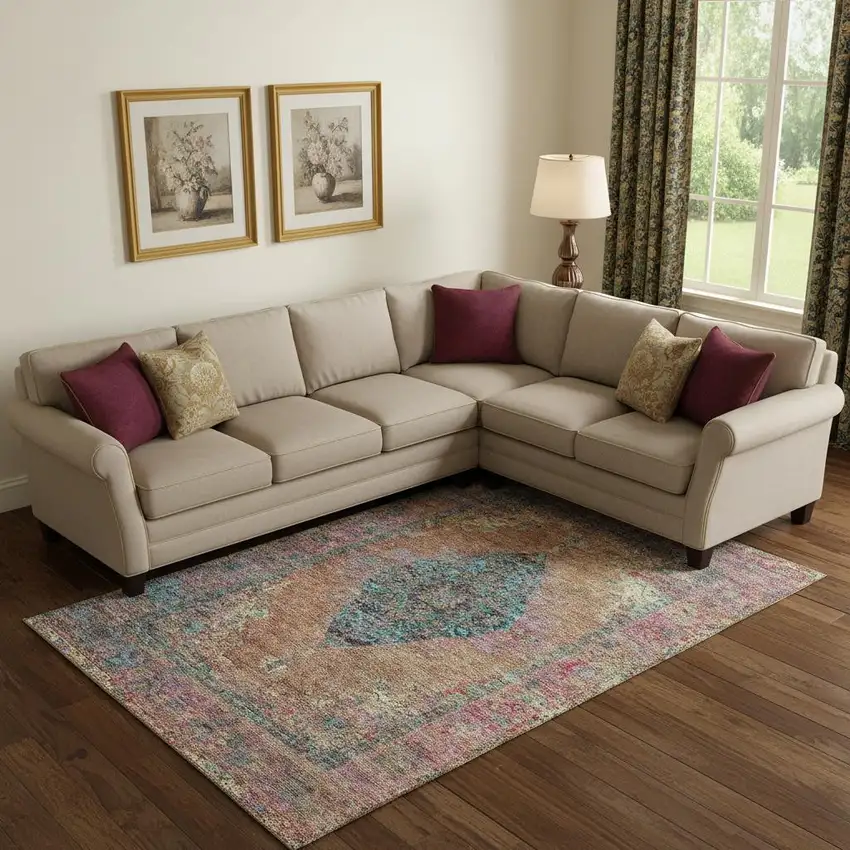 Orange And Pink Medallion Washable Area Rug With UV Protection Photo 2