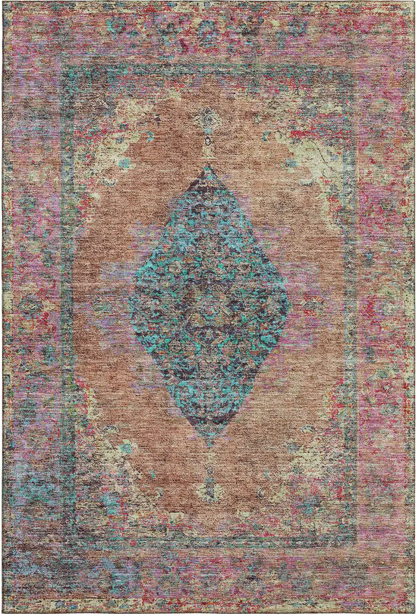Orange And Pink Medallion Washable Area Rug With UV Protection Photo 1