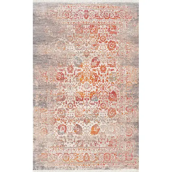 Orange And Red Floral Distressed Area Rug Photo 2
