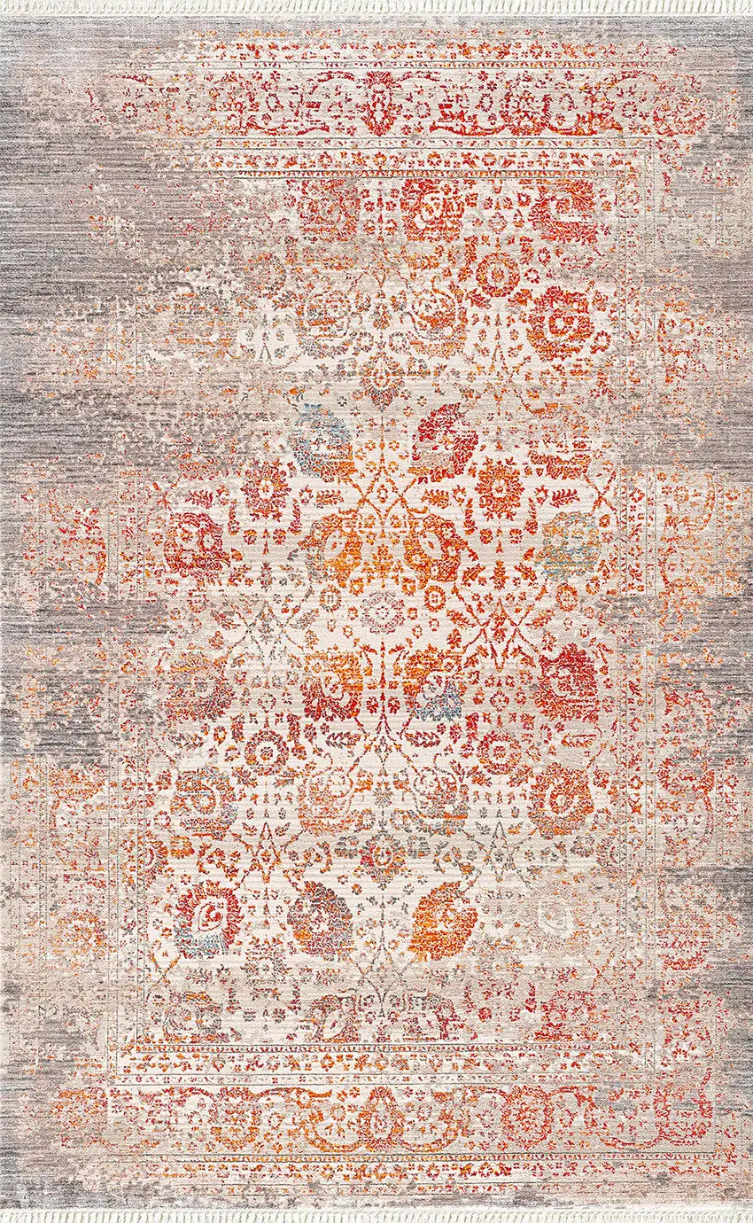 Orange And Red Floral Distressed Area Rug Photo 2