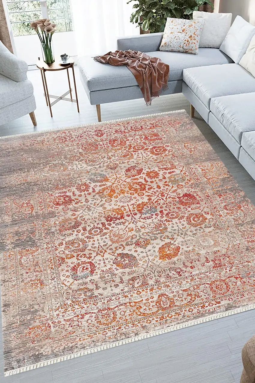 Orange And Red Floral Distressed Area Rug Photo 5
