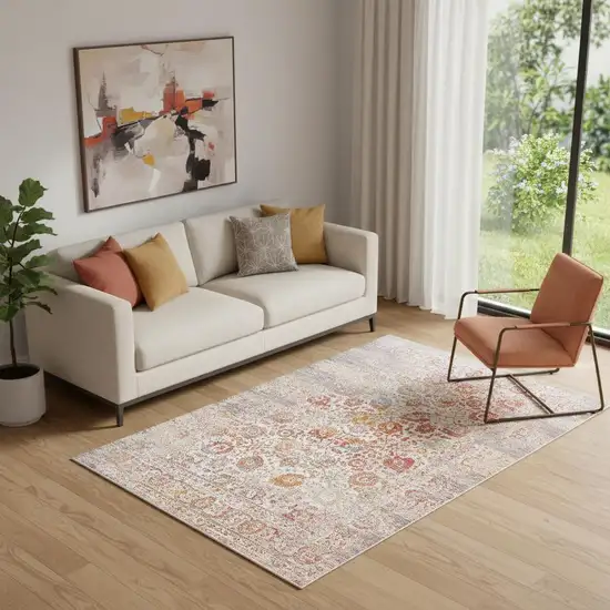 Orange And Red Floral Distressed Area Rug Photo 1