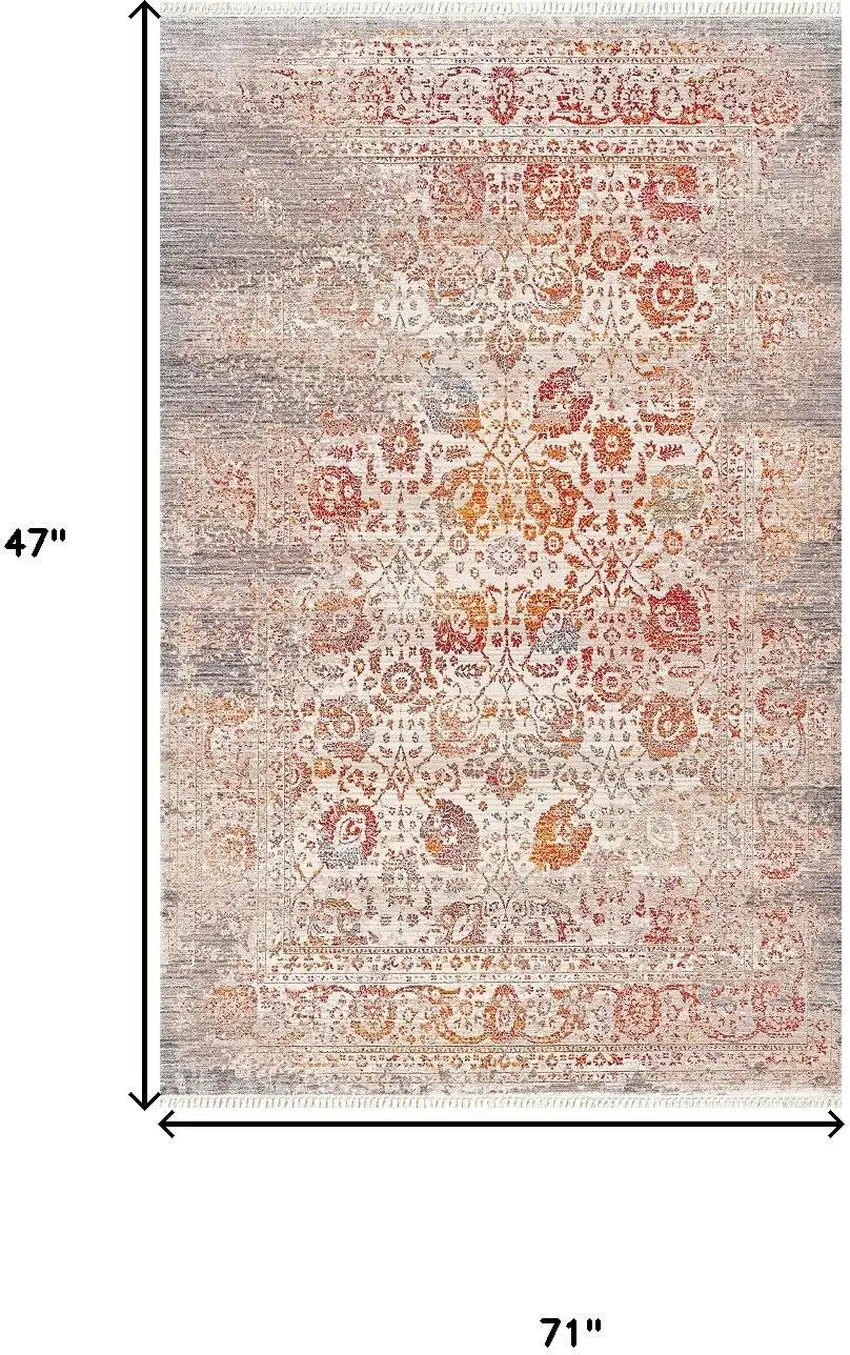 Orange And Red Floral Distressed Area Rug Photo 7