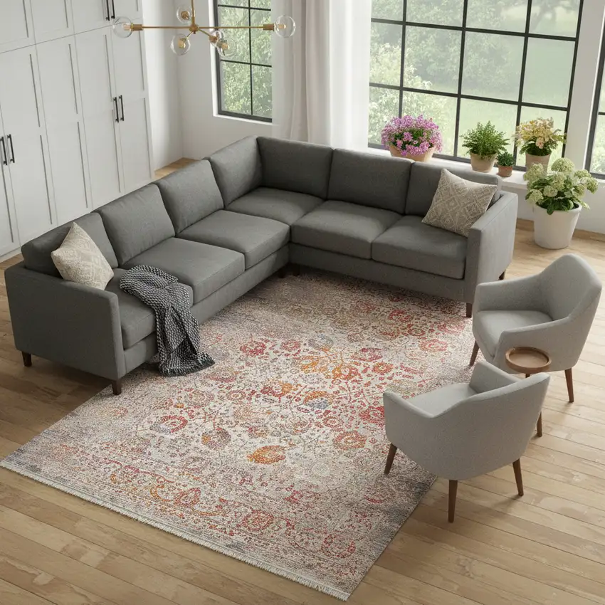 Orange And Red Floral Distressed Area Rug With Fringe Photo 1
