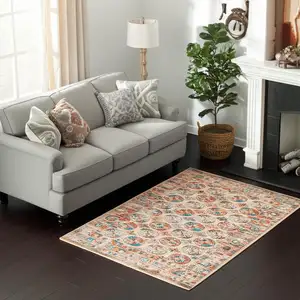 Photo of Orange And Red Tribal Washable Area Rug With UV Protection