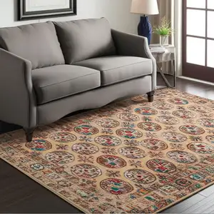 Photo of Orange And Red Tribal Washable Area Rug With UV Protection