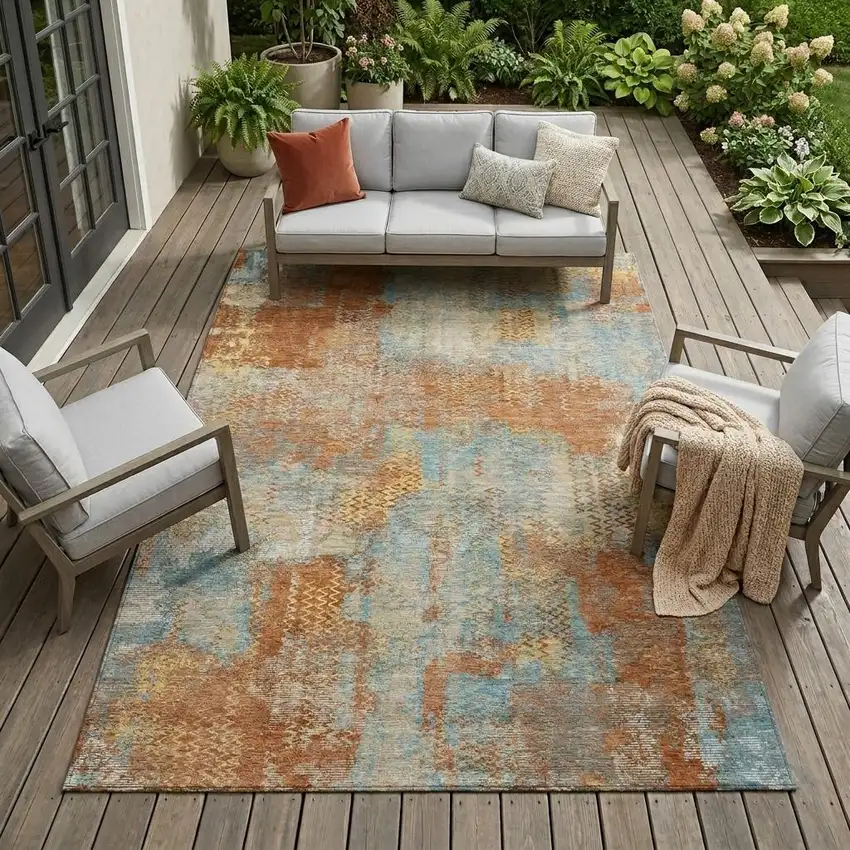 Orange And Rust Abstract Washable Indoor Outdoor Area Rug Photo 1