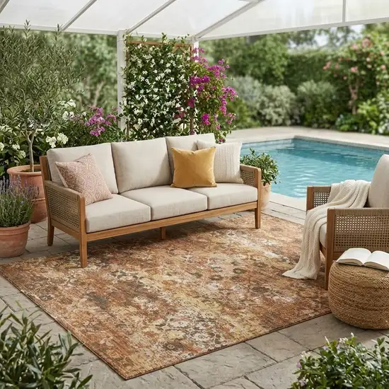 Orange And Rust Floral Medallion Washable Indoor Outdoor Area Rug Photo 1