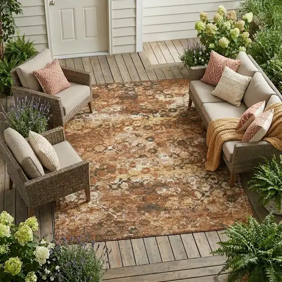 Orange And Rust Floral Medallion Washable Indoor Outdoor Area Rug Photo 1