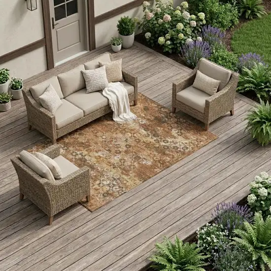Orange And Rust Floral Medallion Washable Indoor Outdoor Area Rug Photo 1