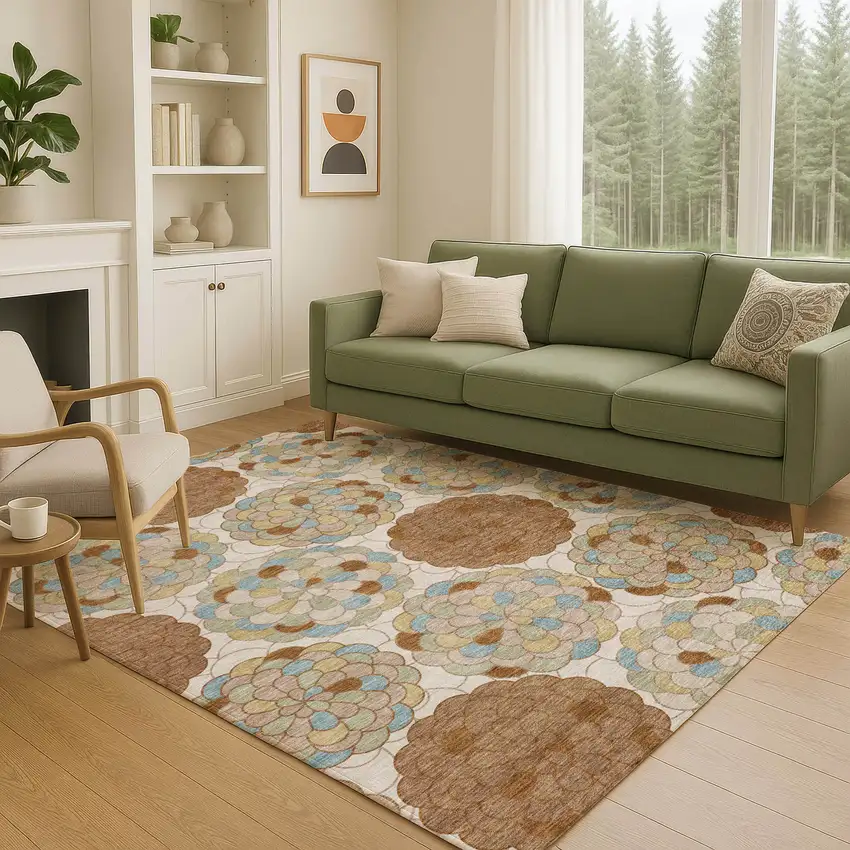 Orange And Rust Floral Washable Indoor Outdoor Area Rug Photo 5