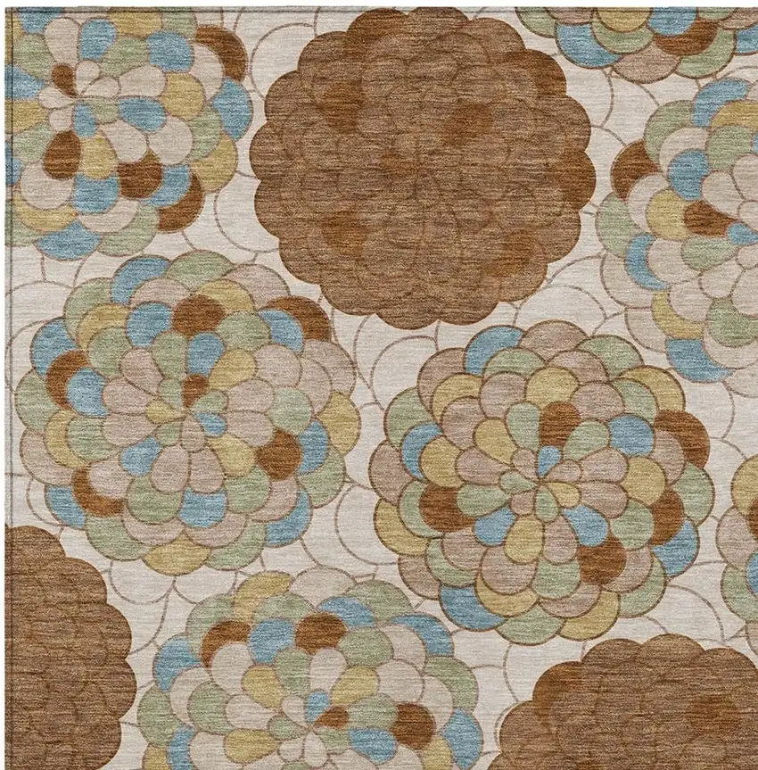 Orange And Rust Floral Washable Indoor Outdoor Area Rug Photo 2