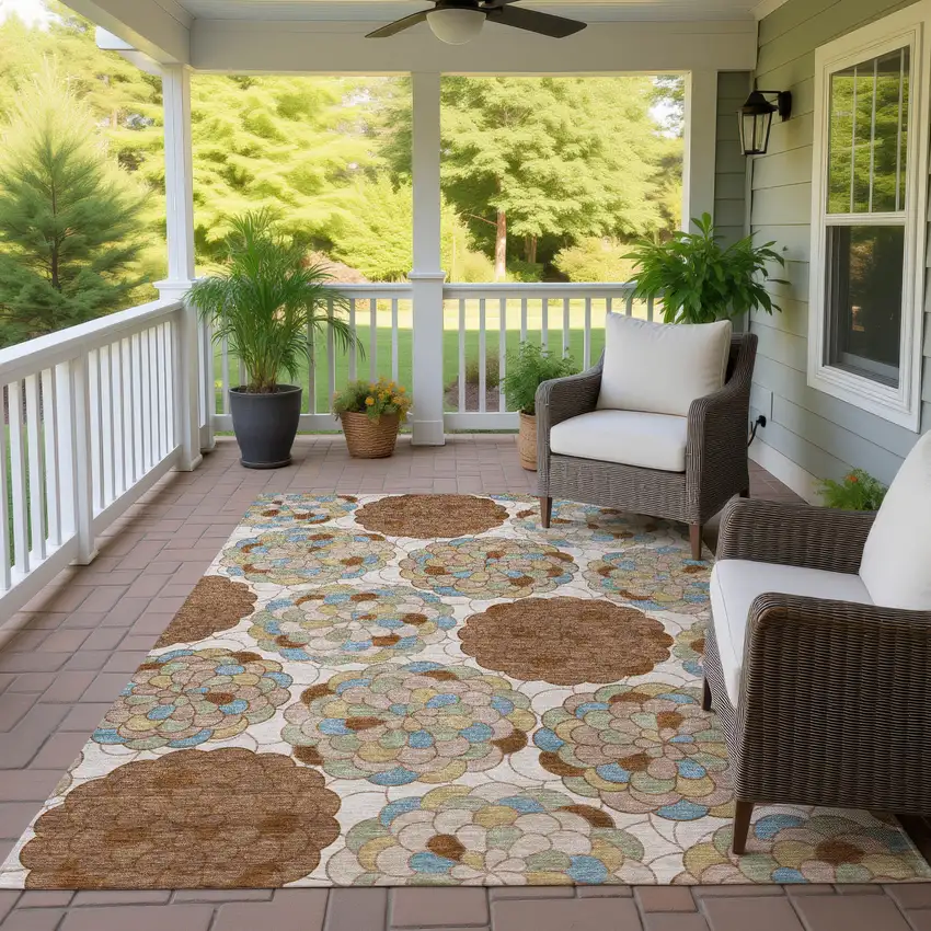 Orange And Rust Floral Washable Indoor Outdoor Area Rug Photo 4